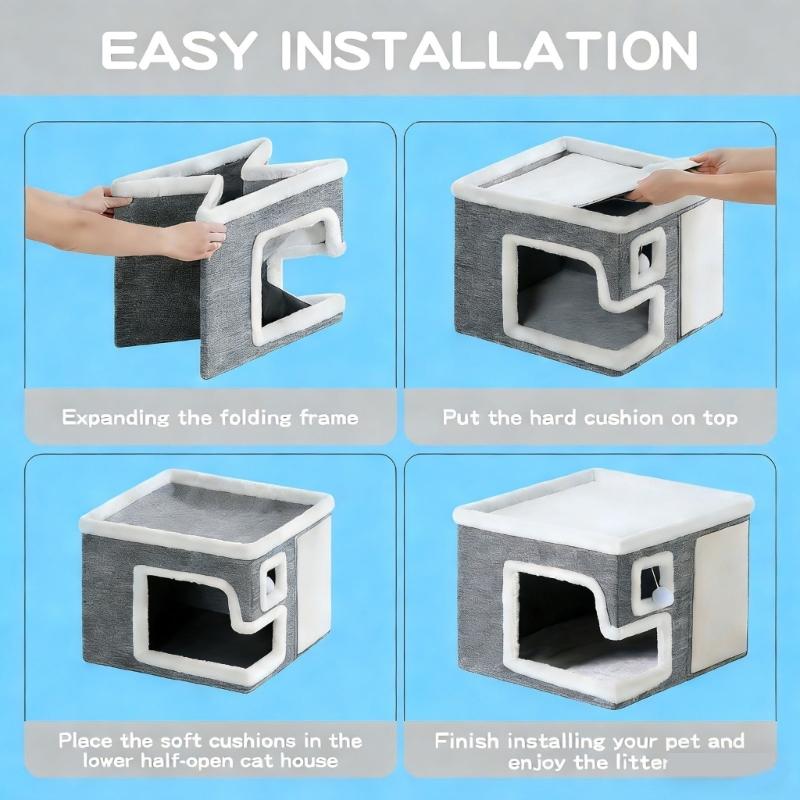 Double Layer Cats Cave Bed with Scratching Pad Foldable Design Space Saving Cats Shelter House for Indoor Habitats