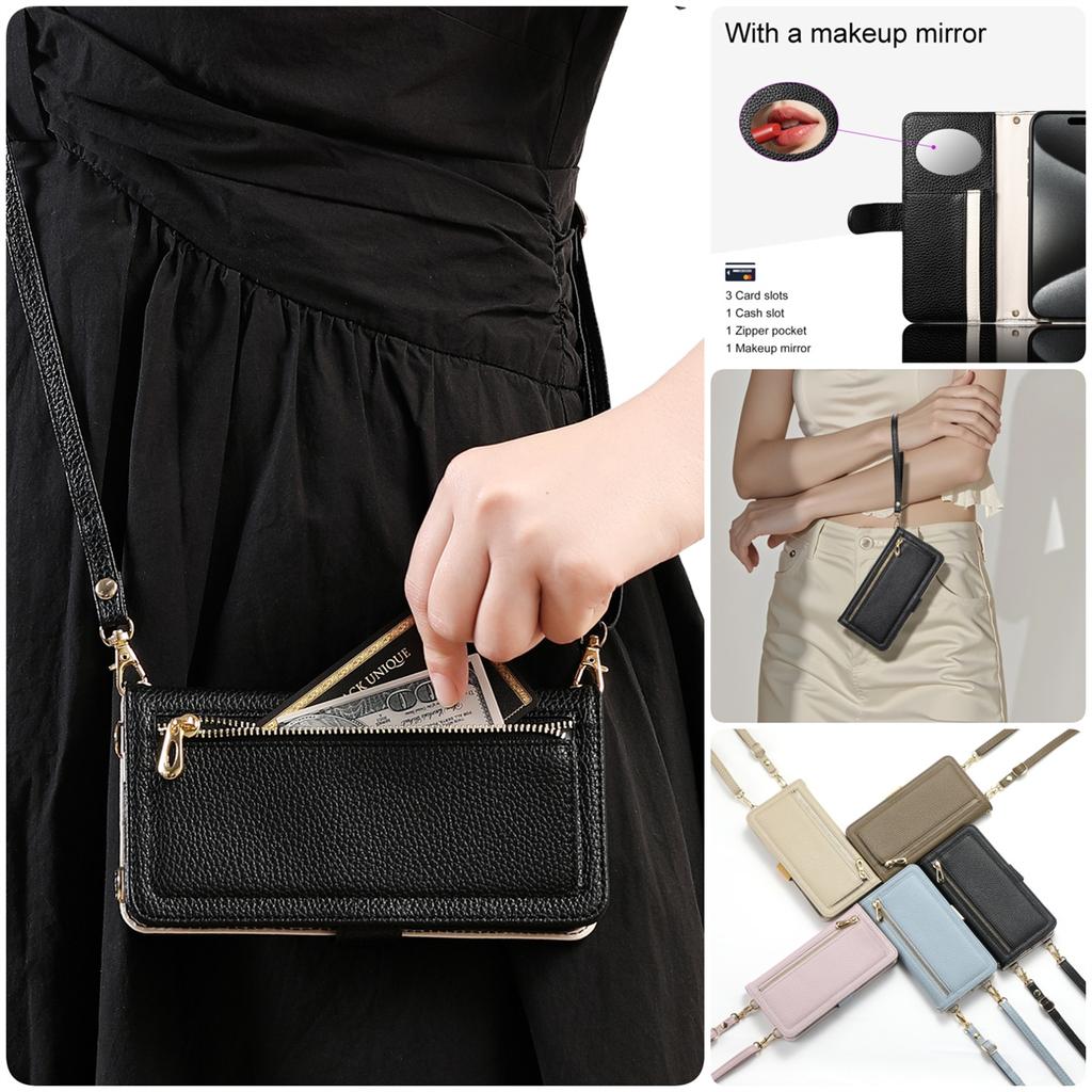 Leather Phone Case for iPhone 12 - 16 Series with Coin Pocket, Card Slot, Mirror & Stand – Multiple Colors