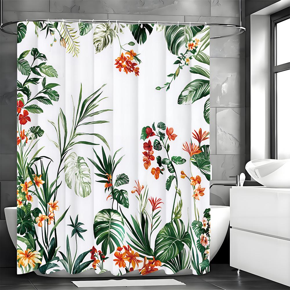 Tropical Floral Shower Curtain, Bathroom Decorative Shower Curtain, Waterproof Shower Curtain with Hooks