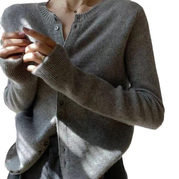 Women's Slim-Fit Ribbed Wool Cardigan – Versatile Autumn/Winter Knit Top