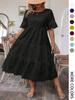 Summer solid color cotton embroidery crew neck lace hollow design dress summer Europe and America