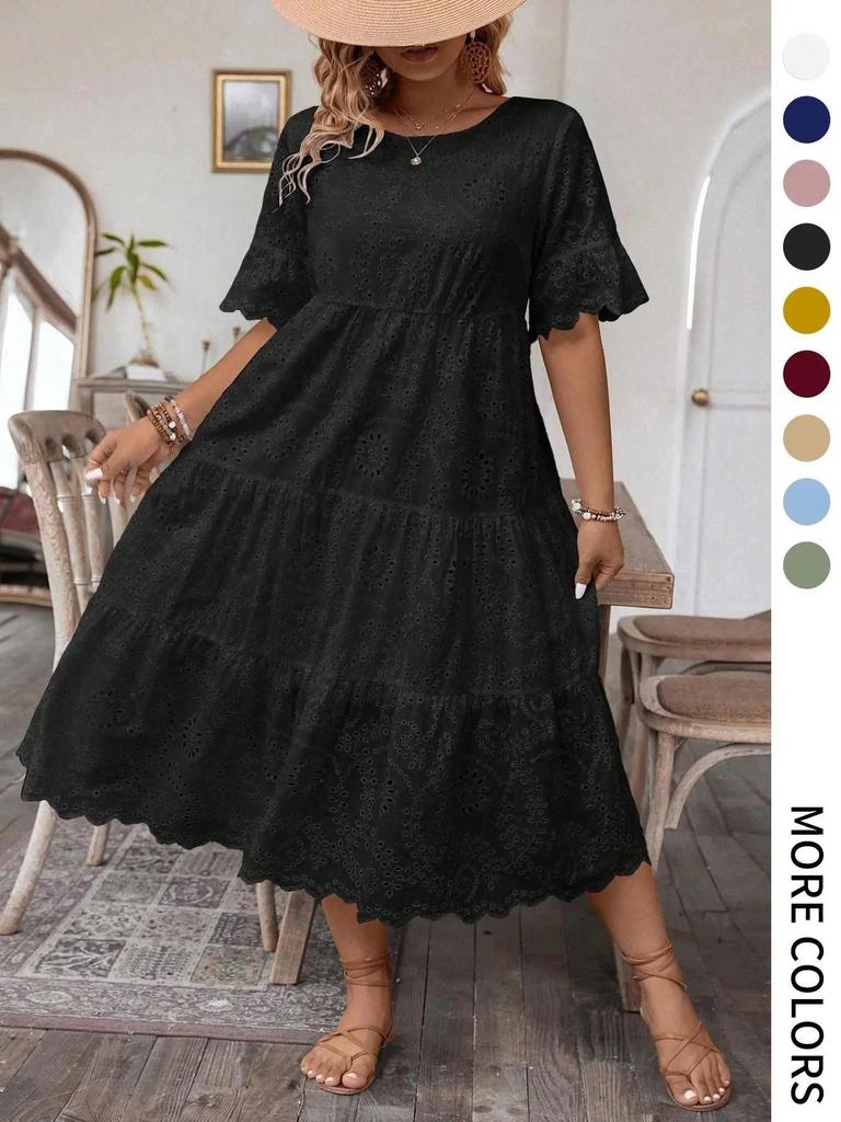 Summer solid color cotton embroidery crew neck lace hollow design dress summer Europe and America