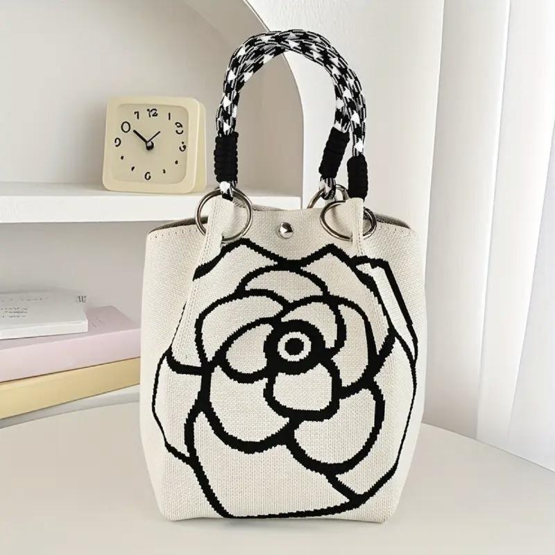 Fashion Flowers Knit Handbag Women Shoulder Bag Color Contrast Portable Ladies Beach Handbag Shopping Tote