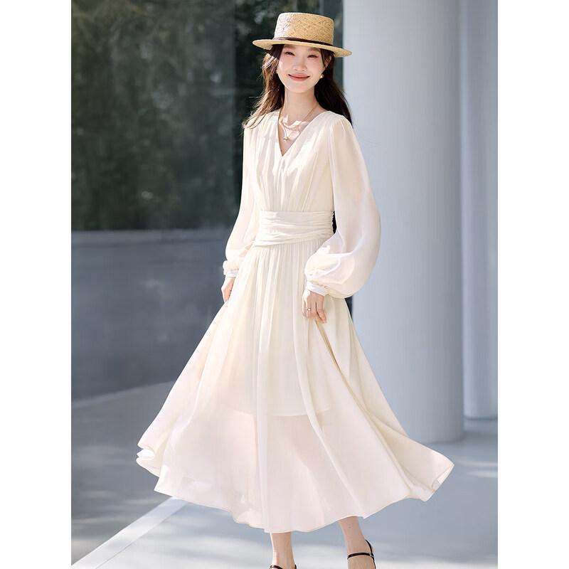 Mohan Yimei Lantern Sleeve V-Neck Pleated Midi Dress S