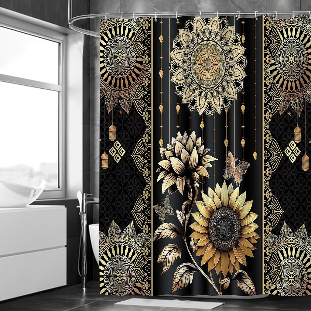 Sonnenblumen Duschvorhang - Aquarell Sonnenblume & Grüne Blätter Bauernhaus Badezimmerdeko, Rustikal Floral