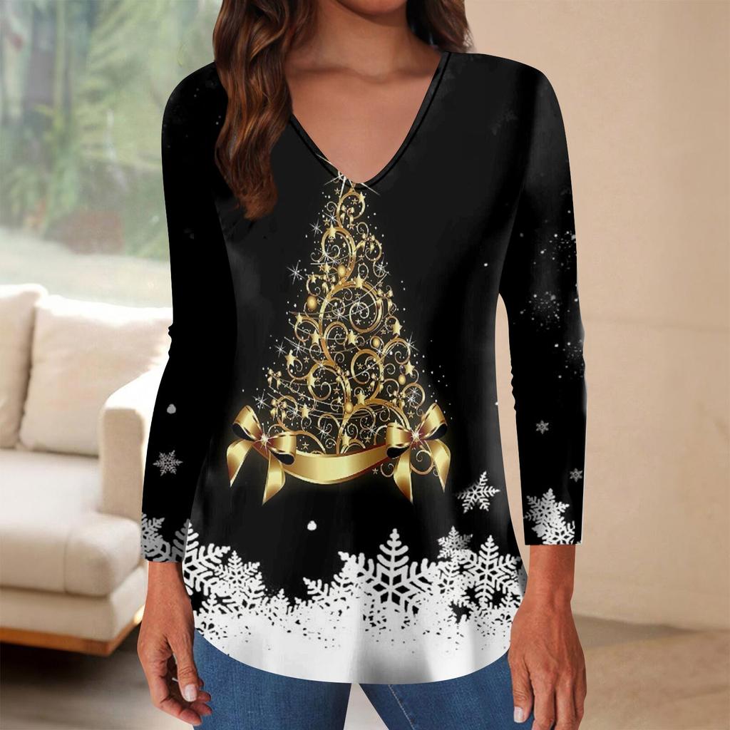 Long Sleeve Shirts For Women Christmas Print Graphic Tees Blouses Casual Plus Size Basic Tops Pullover