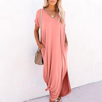 Women s Casual Solid Color V-neck Short-sleeve Loose Side Slit Large Swing Long Dress S