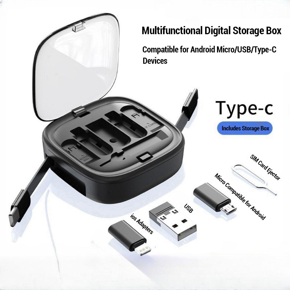 60W Cable Card Box Universal Retractable Charging Cable Adapters Portable Storage Box With SIM Tools Card Storage Slot