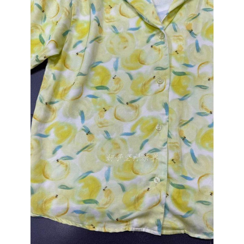 Foreign Trade Order a **R Yellow Lemon Oil Painting Print Loose Version Lapel Bright Color Comfortable Short Sleeve Shirts Top