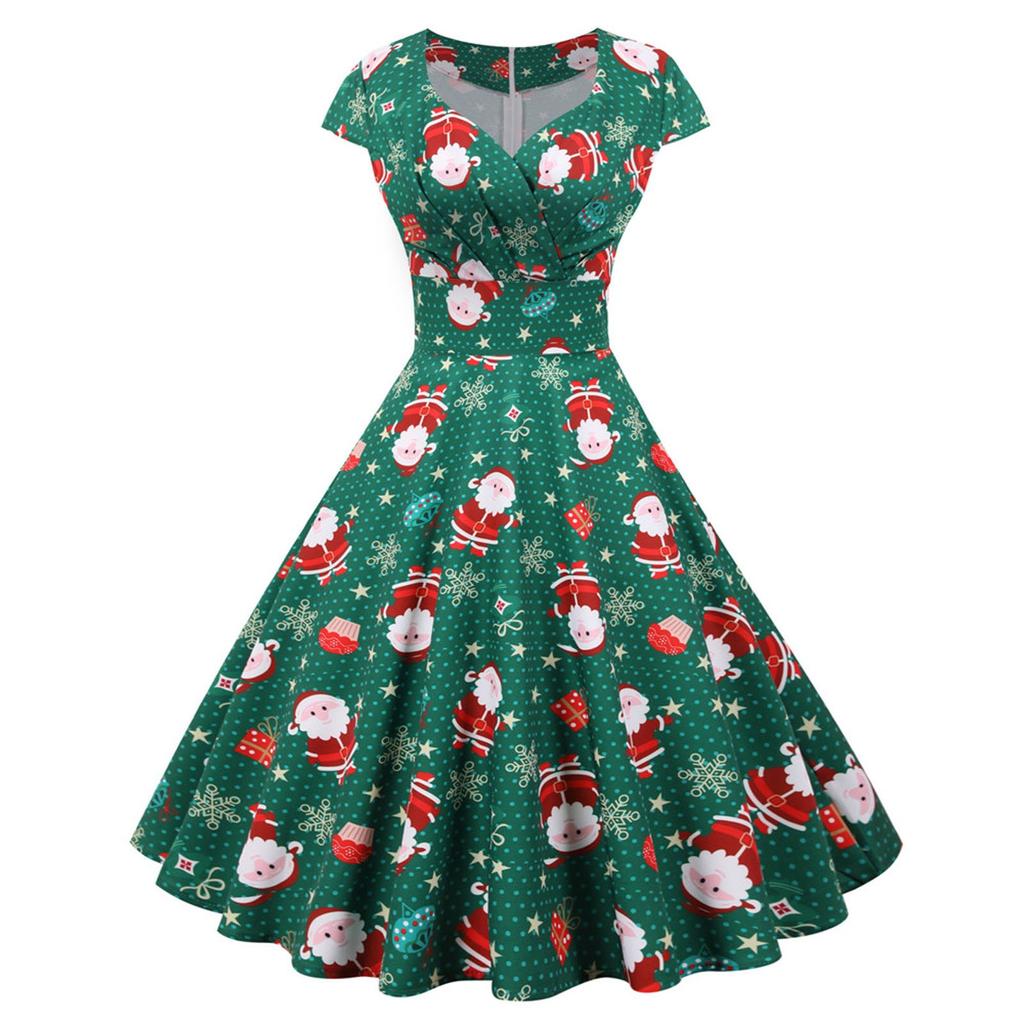 Women Vintage Short Sleeve Christmas 1950s Housewife Evening Party Prom Dress