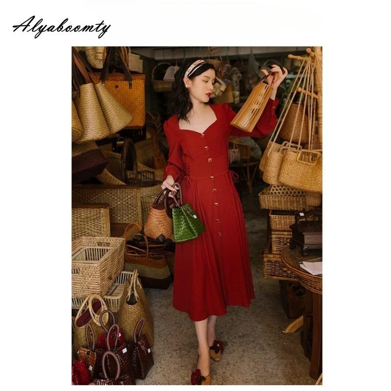 England Style Autumn Spring Women Split Midi Dress Square Collar Buttons Bandage Elegant Dress Retro Ladies' Feminine Chic Dress