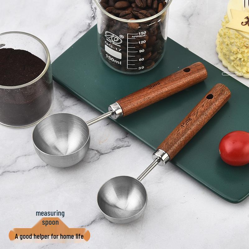 304 Stainless Steel Measuring Spoons with Walnut Handle and Scale - For Coffee, Baking, and Milk Powder