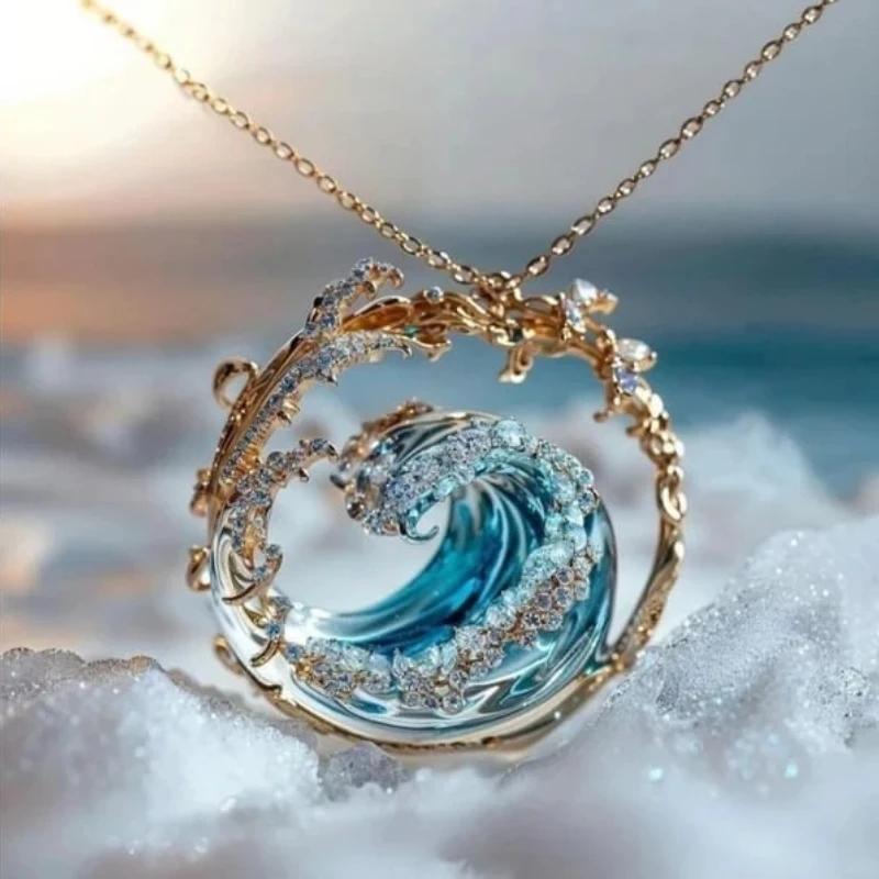 4PCS Set Wave Rings Earrings Pendants Sets Ocean Style Women  Light Luxury Versatile Necklaces Suit Charming Jewelry