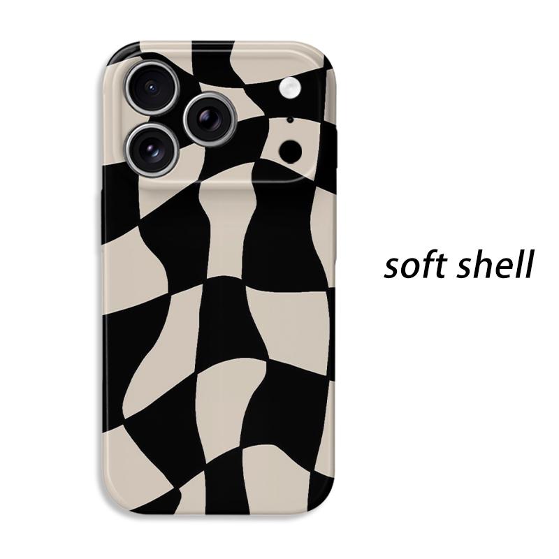 Warped Distorted Checkered Grid Black Cream Abstract Art Film Aesthetic Protective Shockproof Bumper Phone Case Cover For iPhone 14 15 16 Pro Max Plus