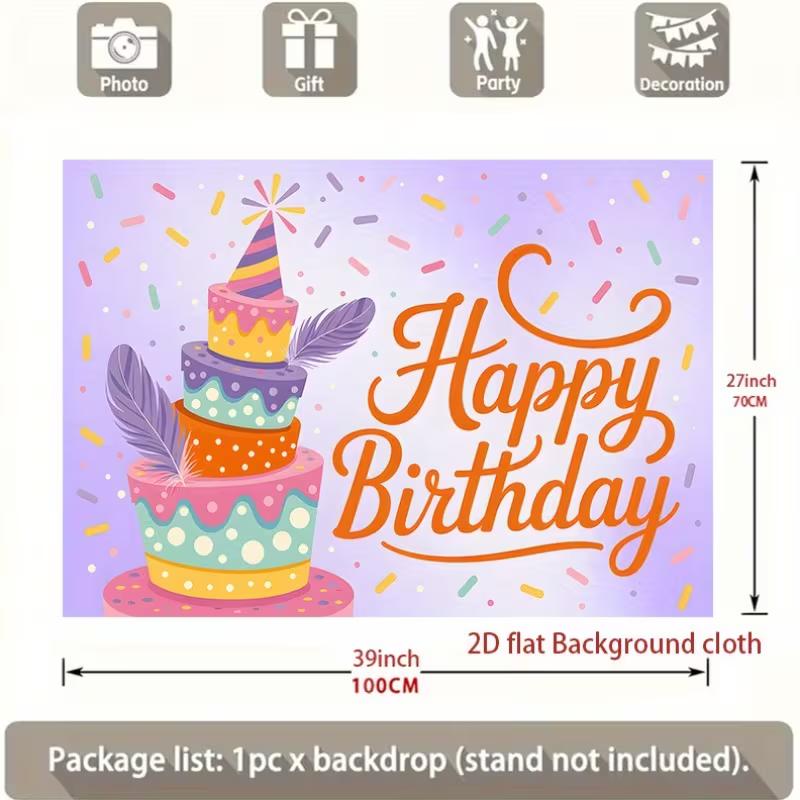 2D Cartoon Cake Happy Birthday Backdrop, Purple Confetti Photography Background Cloth for Toddler Birthday Party