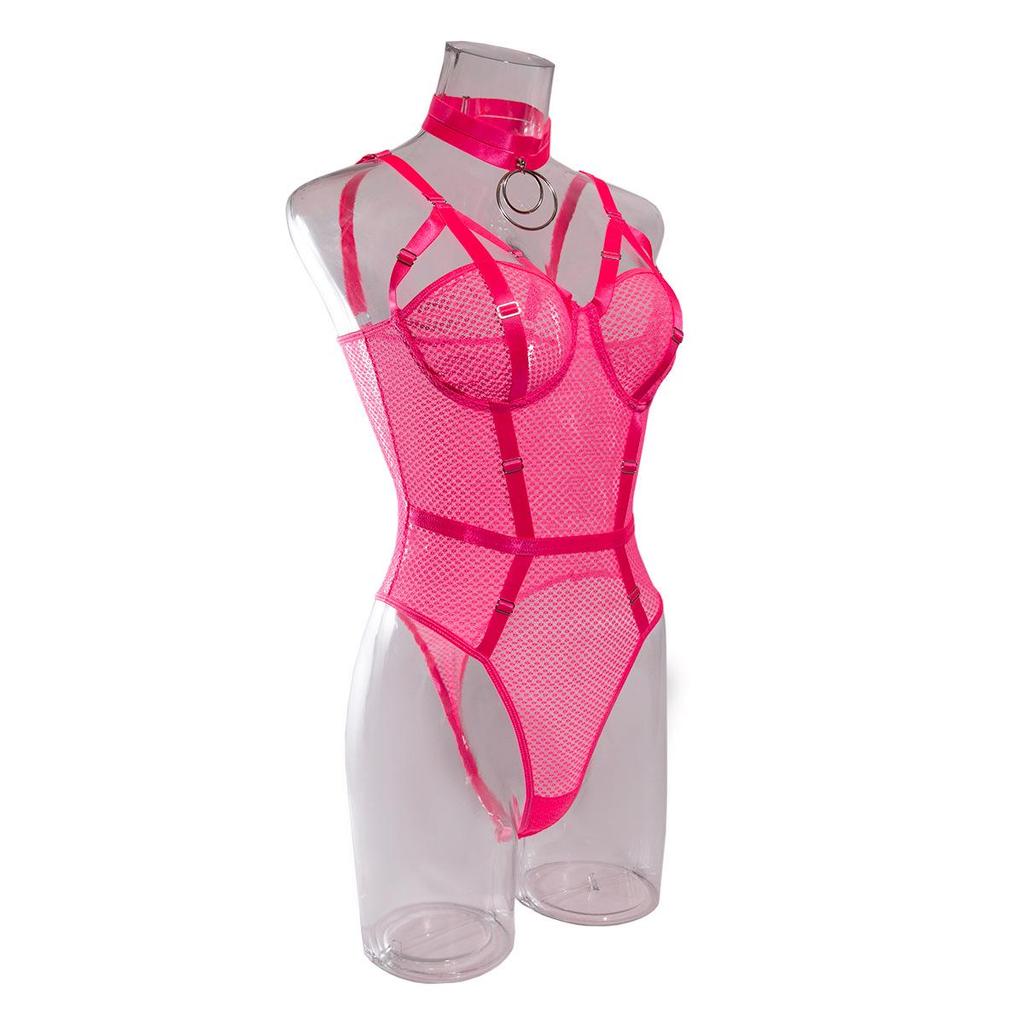 Sexy durchsichtiger Camisole-Body mit Mesh-Einsätzen, Bügel und Choker