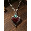 American Western Style Heart-Shaped Alloy Necklace, Vintage Distressed Artificial Turquoise & Burgundy Heart Pendant Choker