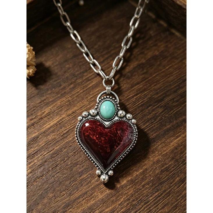 American Western Style Heart-Shaped Alloy Necklace, Vintage Distressed Artificial Turquoise & Burgundy Heart Pendant Choker
