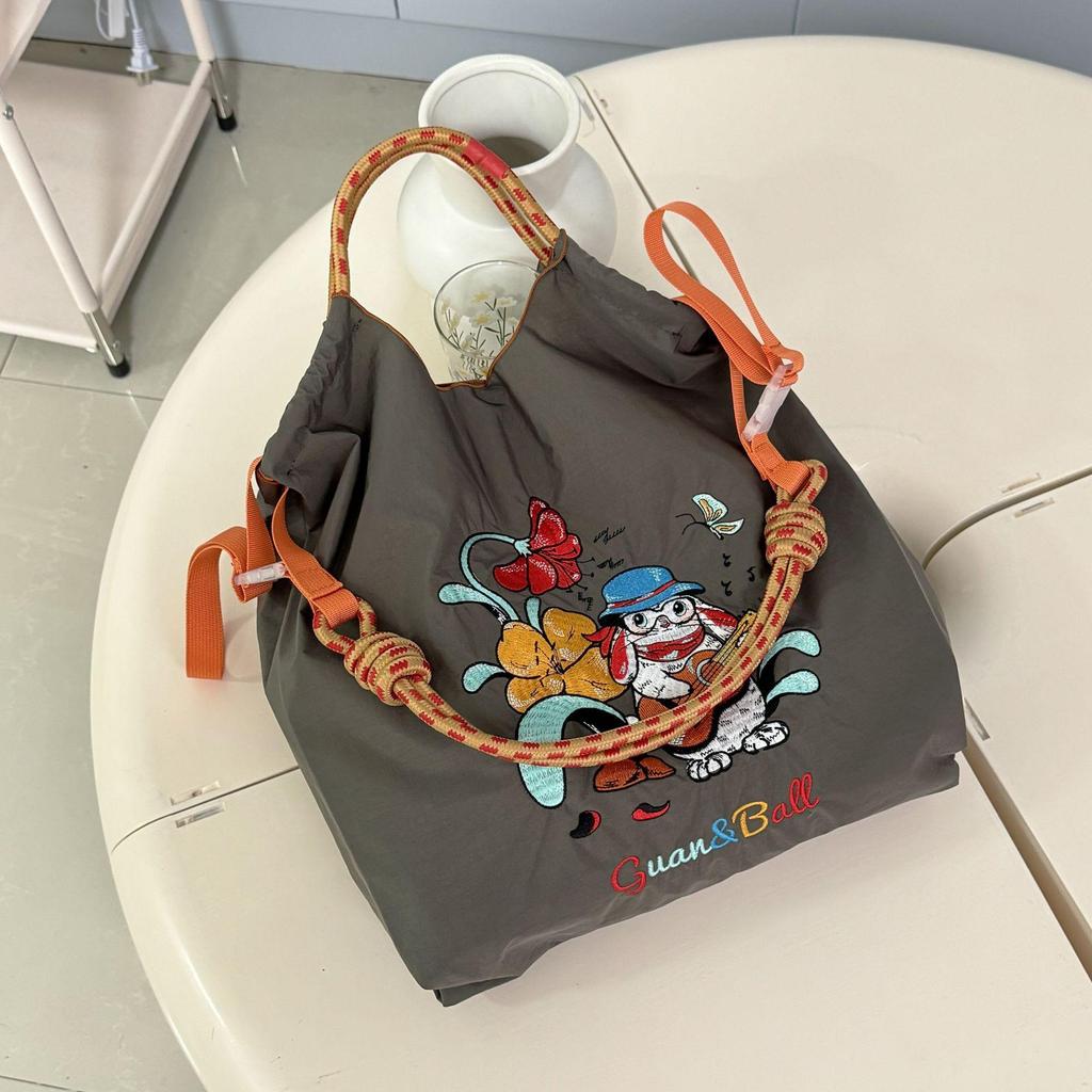Trendy Large-Capacity Japanese-Style Nylon Embroidery Shoulder Bag for Women