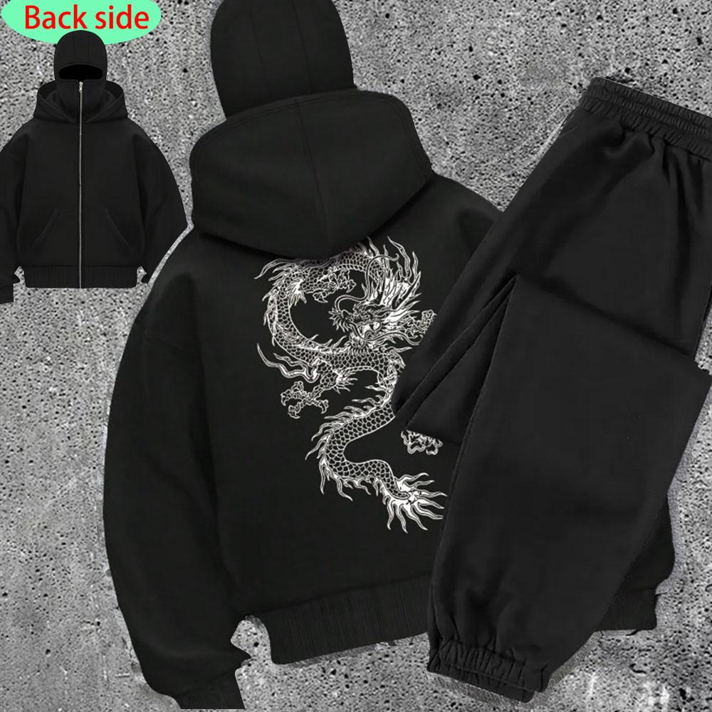 Reißverschluss-Hoodie-Set, Kapuzen-Sweatshirt, Hosen mit Beinabschluss, Maske mit doppelter Kapuze, Reißverschluss-Hoodie- und Jogginghosen-Set