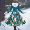 Women's Casual Dress Long-Sleeve V-Neck Patchwork Fleece Christmas Print Dress