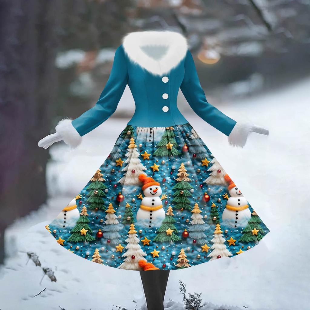 Women's Casual Dress Long-Sleeve V-Neck Patchwork Fleece Christmas Print Dress