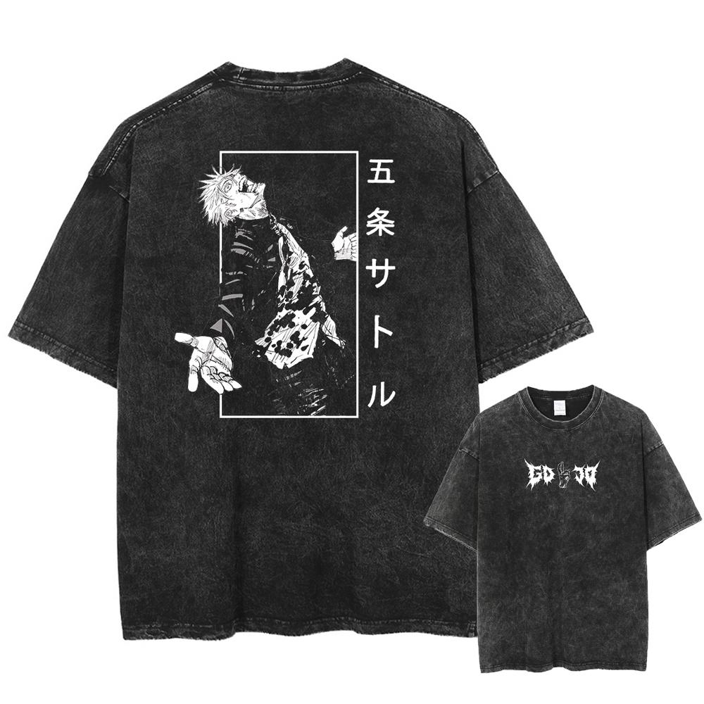 Japan Anime Jujutsu Kaisen Gojo Satoru Print Washed Tshirt Men High Quality Cotton T-shirts Manga Casual T Shirt Harajuku Tops