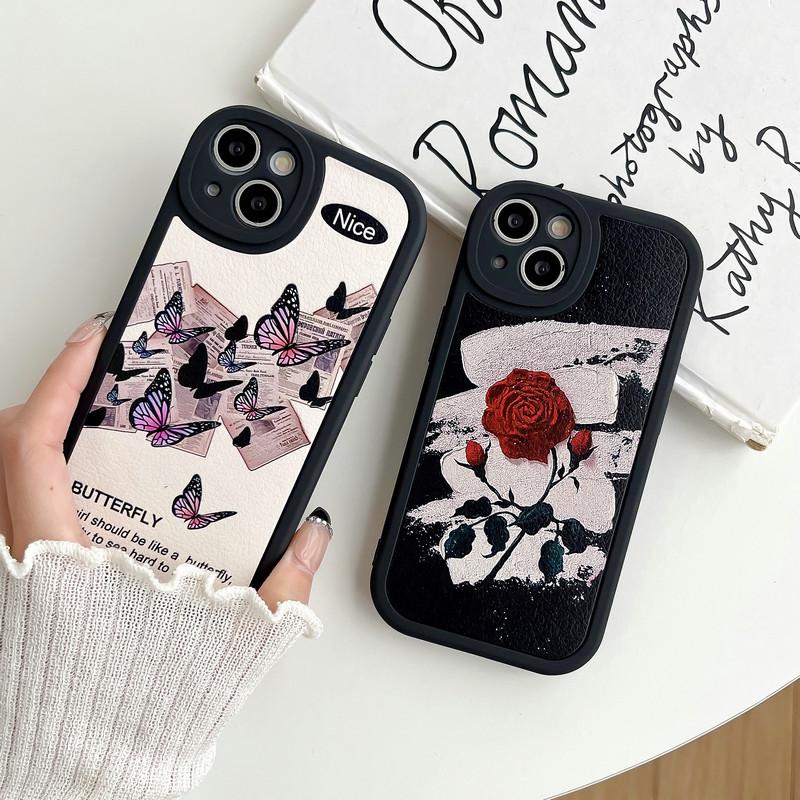 Kožené černé pouzdro silikonové flexibilní měkké pouzdro z TPU módní Rose Butterfly potisk zadní kryt mobilního telefonu pro iPhone Samsung Xiaomi