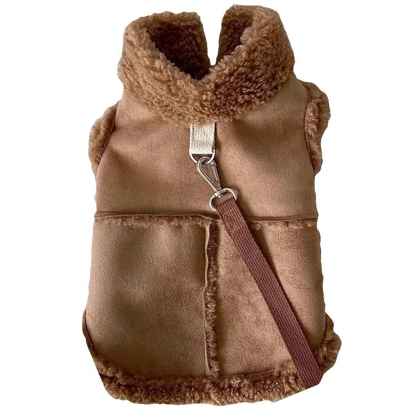 Brown Suede-Like Dog Vest Small Breeds Like Bichon Frise Teddy Warm Winter Coat With Leash Attachment