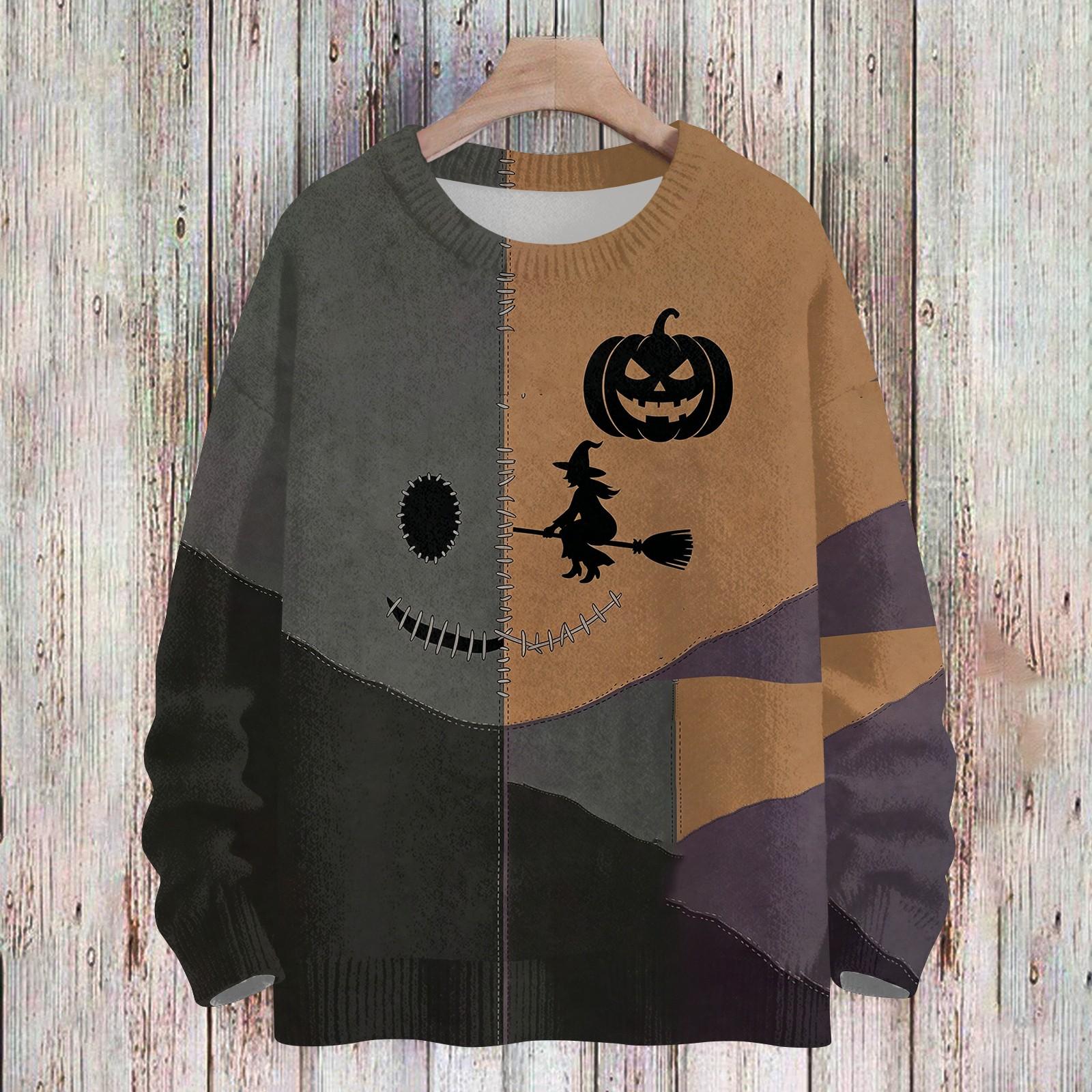 Women s Casual Long Sleeve Halloween Print Round Neck Knit Sweater Top S