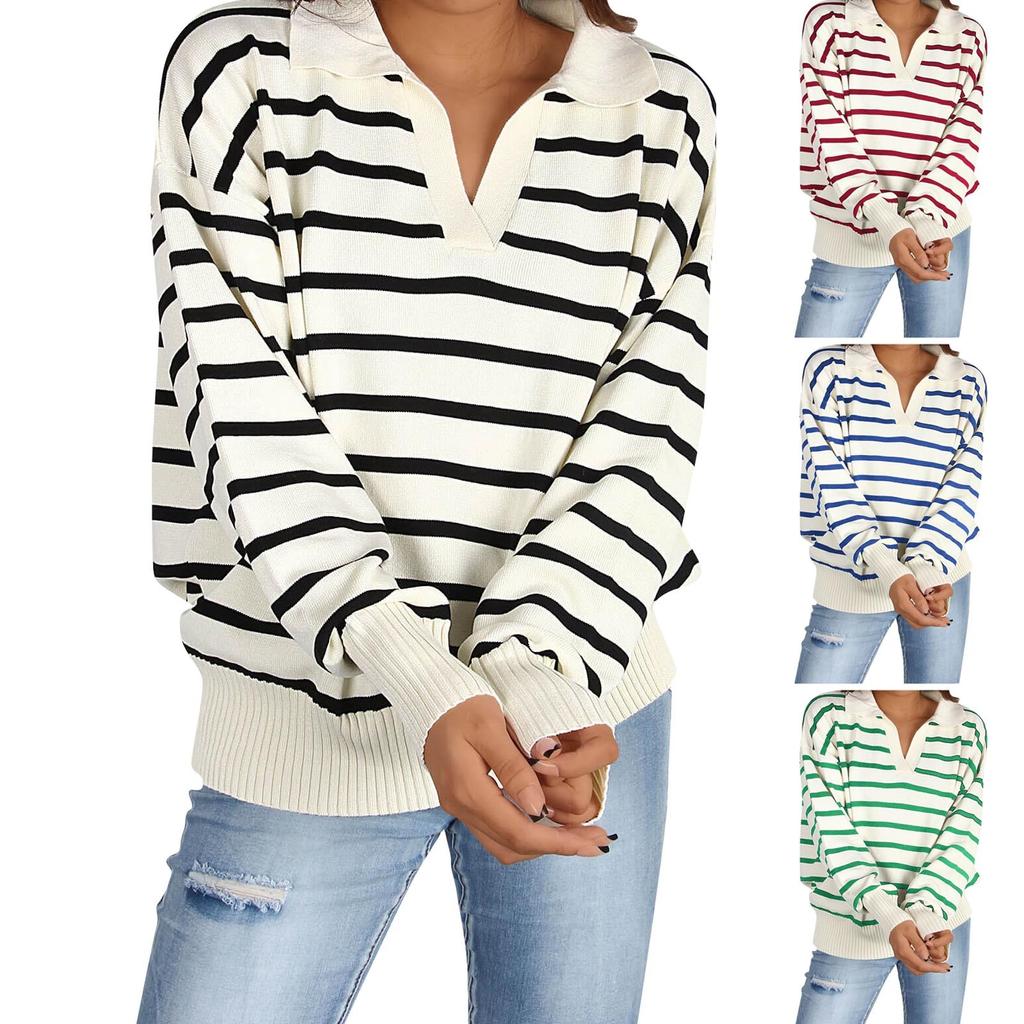Women's Knit Long Sleeve Rib Lapel Striped Sweater Knitwear Pullover Sweaters