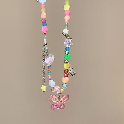 Summer Dopamine! Colorful Love Butterfly Beaded Necklace Women's New Collarbone Chain Sweet Girl Neck Chain