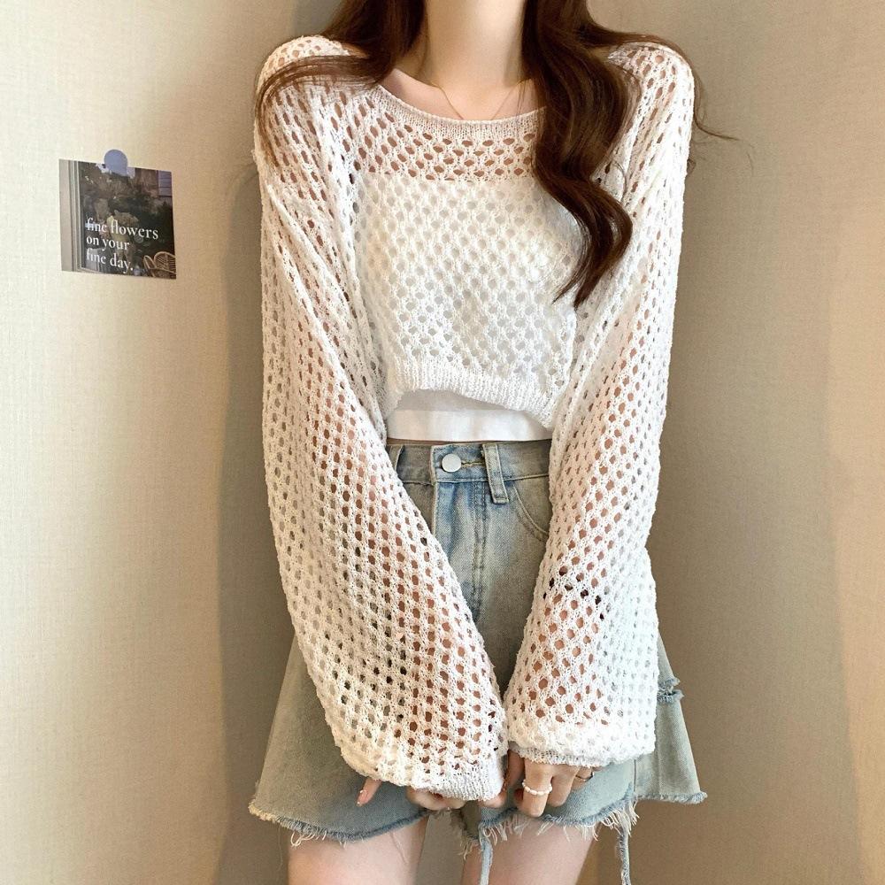Summer new knitted sweater short blouse hollow solid color loose crew neck sweater top