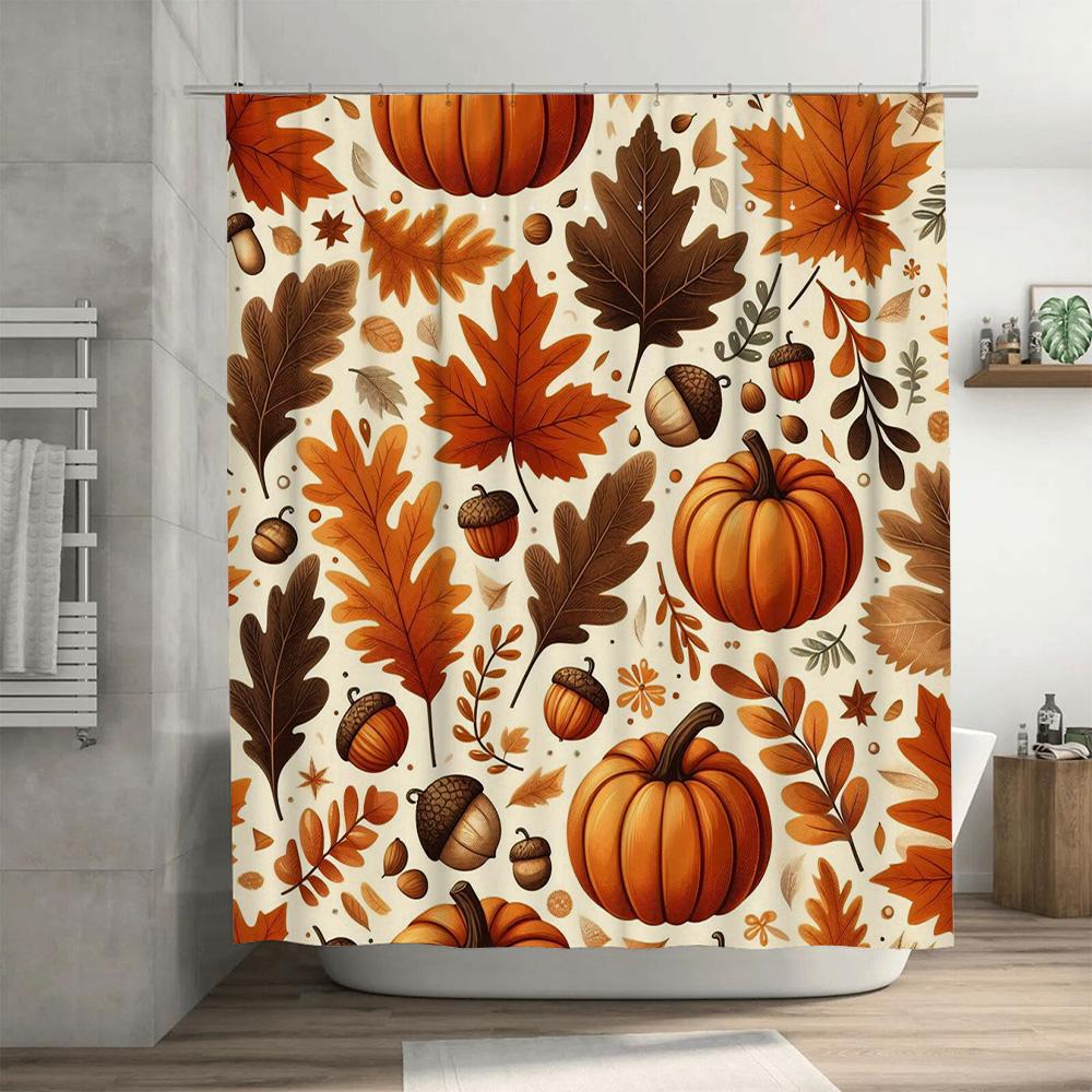 Autumn leaves pumpkin shower curtain waterproof fabric bathroom decor multicolor pattern for home kitchen use. This title adhere