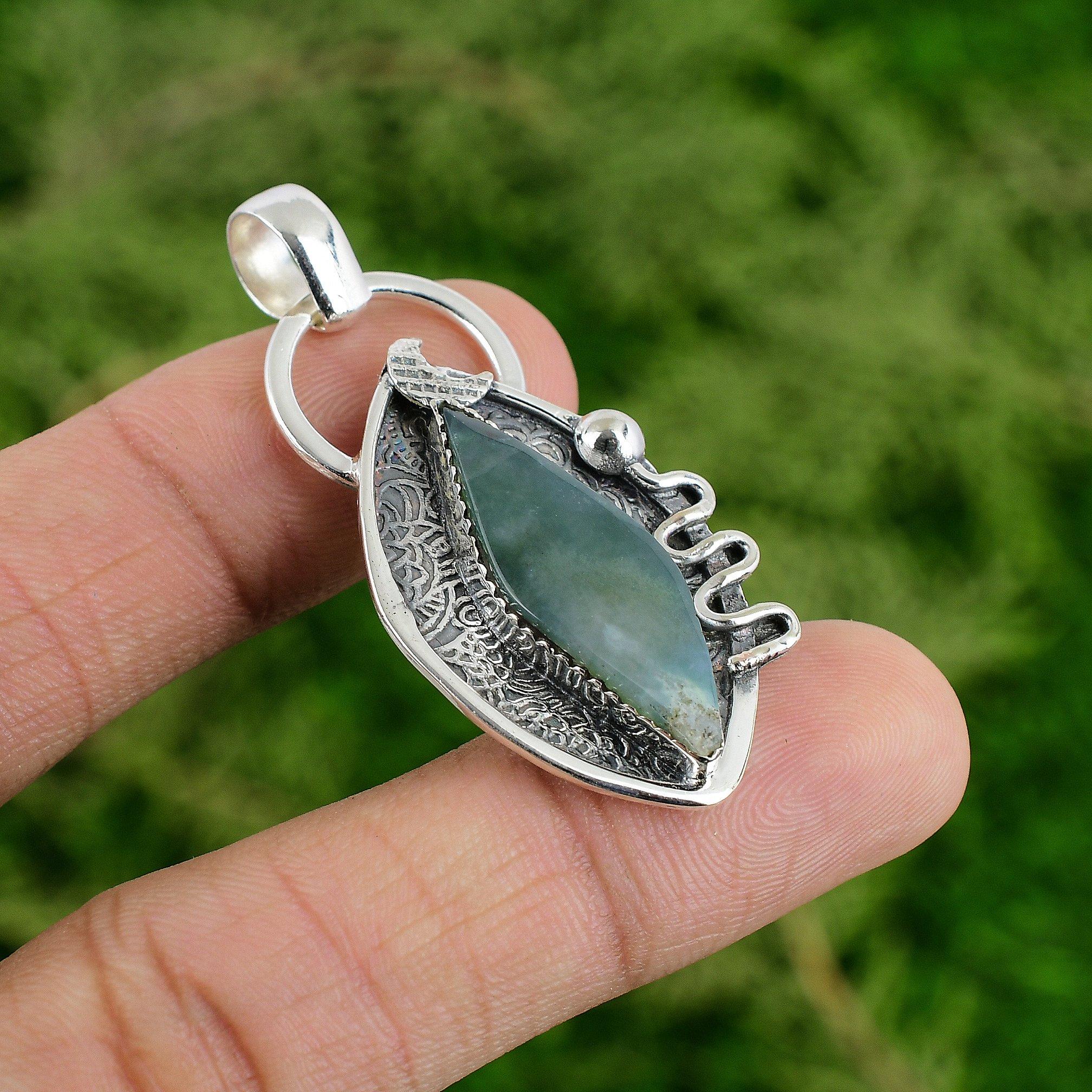 

Daughters Day Sale Solar Moss Agate Stone 925 Sterling Silver Mother New Pendant