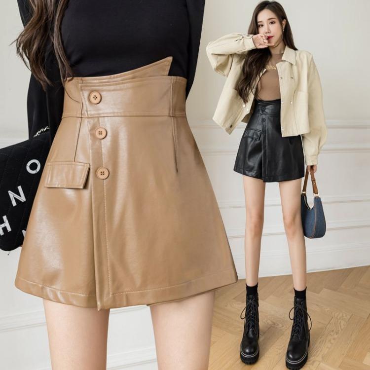 Módní nepravidelná krátká sukně z PU kůže s vysokým pasem pro ženy A-line