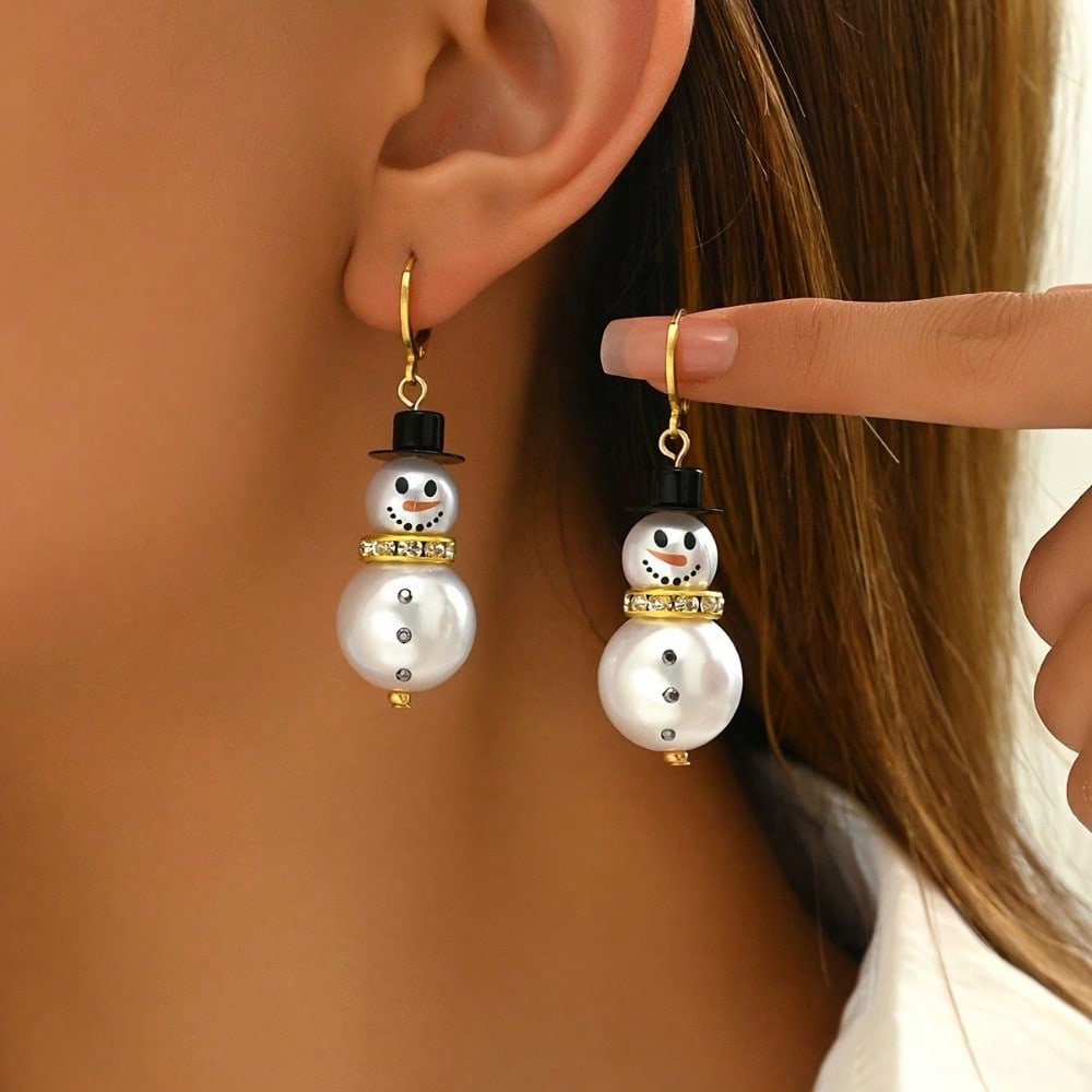 1 Pair Exquisite Snowman Dangle Earrings - Faux Pearl, Rhinestone Snowflakes, Tassel Accents, Christmas Style, Xmas Holiday Gift