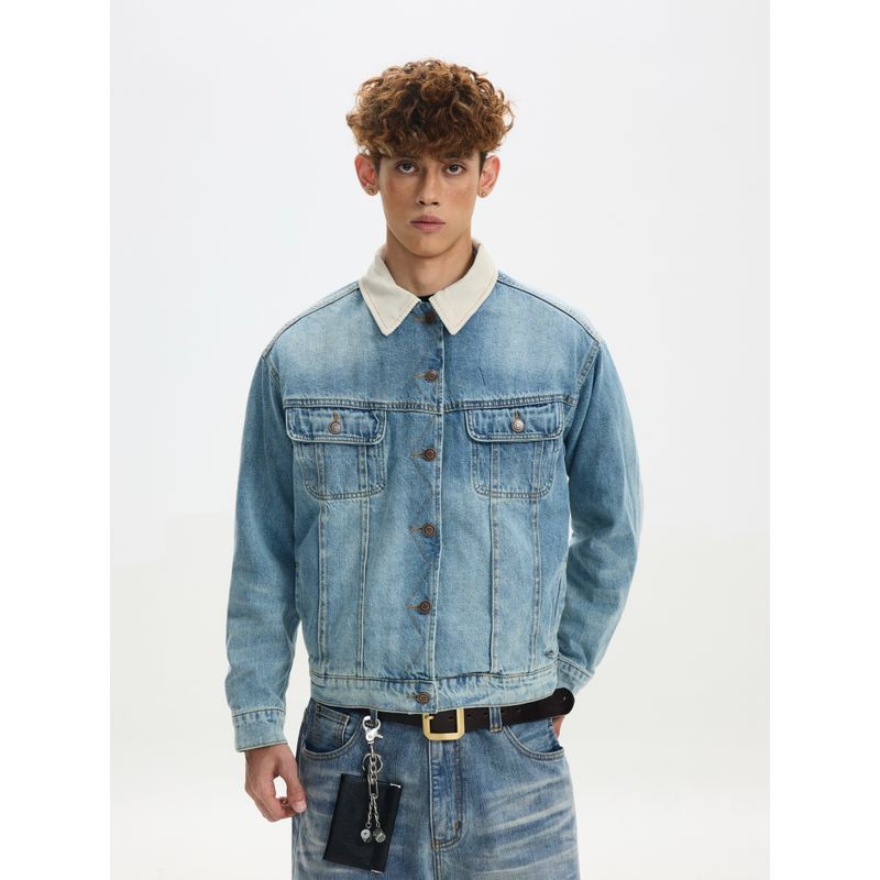 

Cabbage Coke American Retro Heavyweight Japanese Okayama Thick Denim Jacket Corduroy Patchwork Collar Cotton Coat Top Light Blue XL