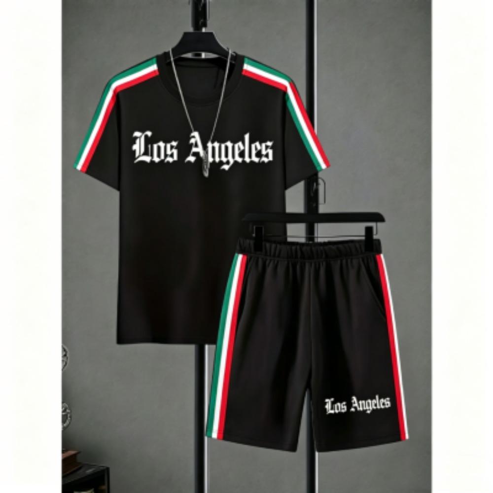 Fashion Men's Set Striped Grid Printed Men's T-shirt and Shorts 2 Piece Set Summer Casual Outdoor Men's and Women's T-shirt Sets