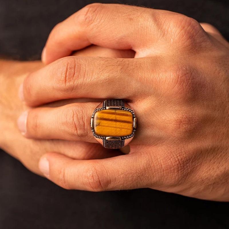 Vintage Tiger Eye Stone Two-tone Men's Fashion Jewelry Black Zircon Ring