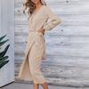 Autumn Winter Women's Knitted Long Dress Elegant V-neck Knitted Dress Sweater Dresses