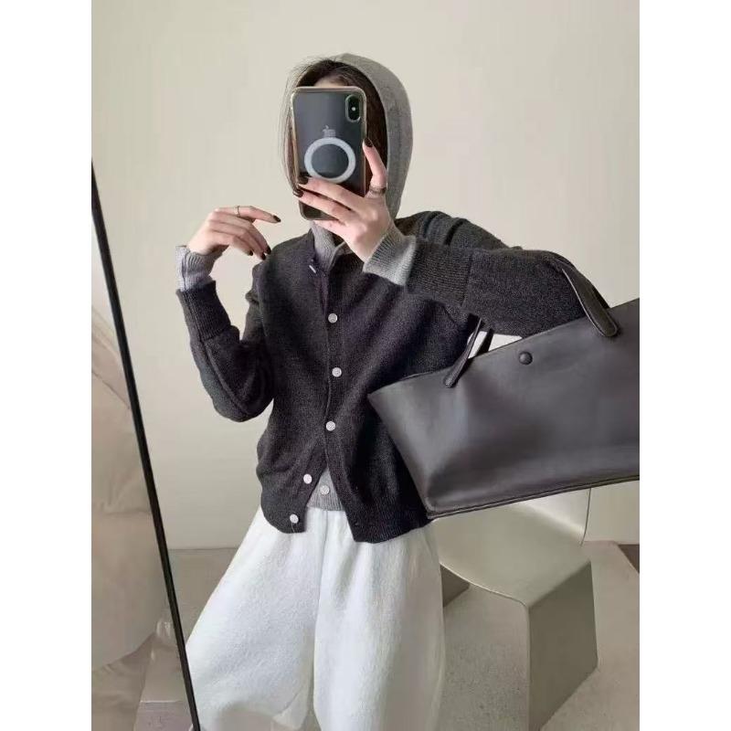 New Versatile Fake Two-piece Color Matching Hooded Knitted Cardigan Women's Loose Long-sleeved Sweater Cardigan Women's