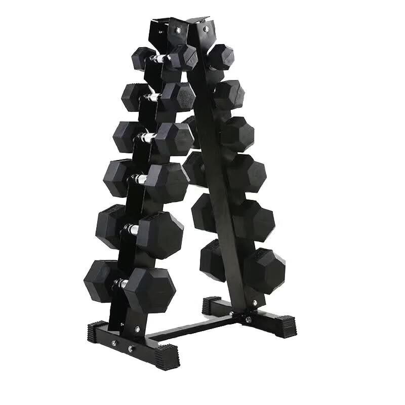 Fixed Weight Rubber Coated Hex Dumbbell Set with A-Frame Rack