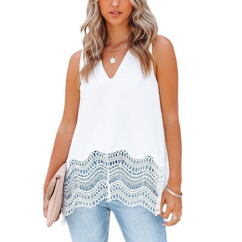 

2023 Лето V-образный вырез шифон мода для женщин кружева без рукавов рубашка однотонный свободный повседневный элегантный и молодежный топ Blusas 25466 S белый