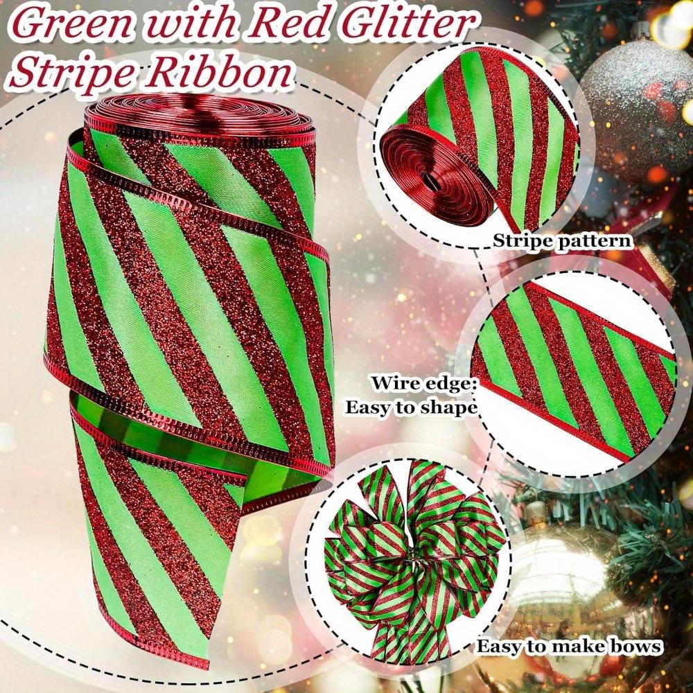 1pc Christmas Wired Edge Ribbon Green with Red Glitter Stripes Classic Craft Ribbon for Holiday Decor Christmas Tree Bows Wreaths Gift Wrapping