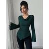 Women Solid Off Shoulder Slim Fit Ribbed Knit Long Sleeve Commute Bottoming Top