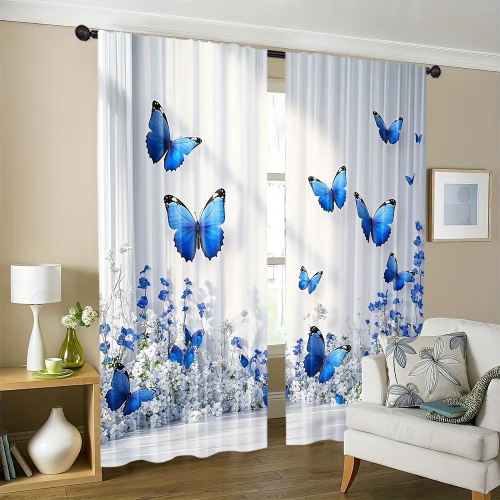 2PCS Digital Printed Curtains, White Blue Butterfly Floral, Fresh Pastoral Spring Style for Bedroom Living Room Home Decor