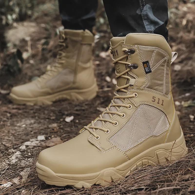 Men's High-Top Leather Outdoor Work Boots - Large Size, Lace-Up, Thick-Sole for Hiking, Autumn/Winter.