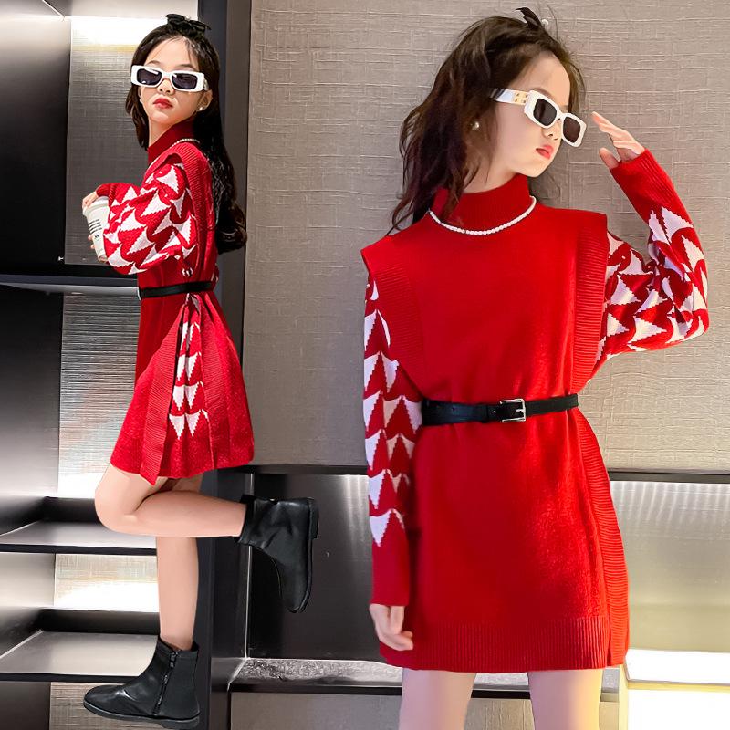 

Girls Chic Knitted Wool Dress - 2025 Autumn/Winter French Design 150 cm