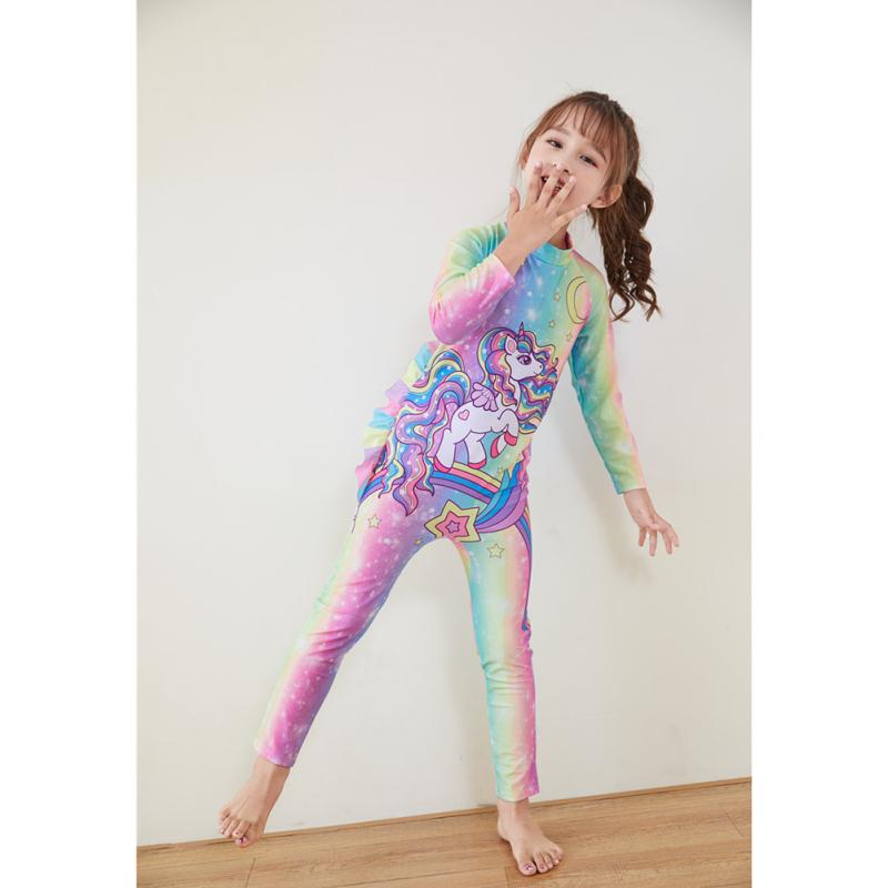 2 Pcs Girls Swimsuit Cartoon Printing Long Sleeve One-piece Swimwear Beach Sunscreen Trousers With